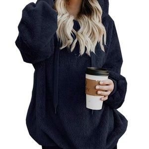 Tops - 🆕Navy Hooded Faux Fur Pullover with Pockets Tops - 🆕Navy Hooded Faux Fur Pullover with Pockets